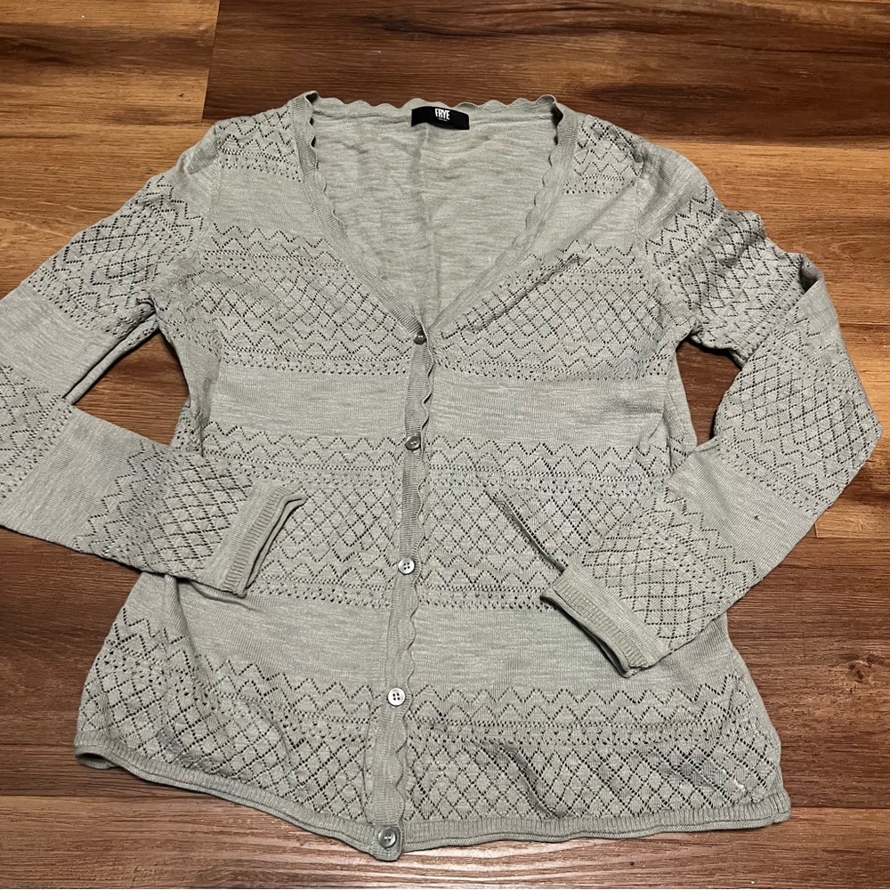 Frye Light Green Pointelle V-Neck Button Cardigan